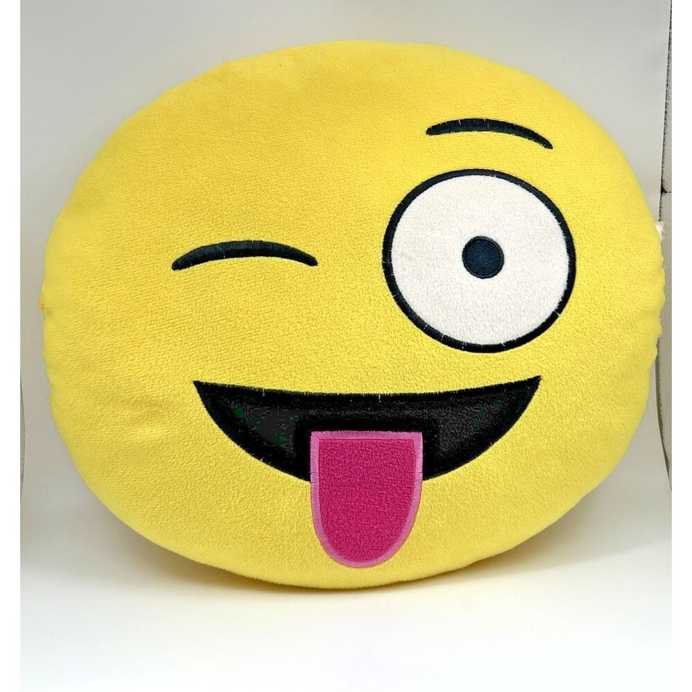 Yellow Plush Emoji Winking Tongue Out Round Throw Pillow for Kids Bedroom